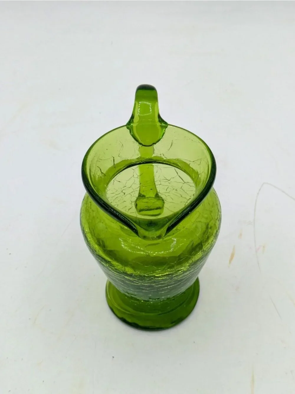 Vintage Green Crackle Glass Small Miniature Pitcher Hand Blown 3.5